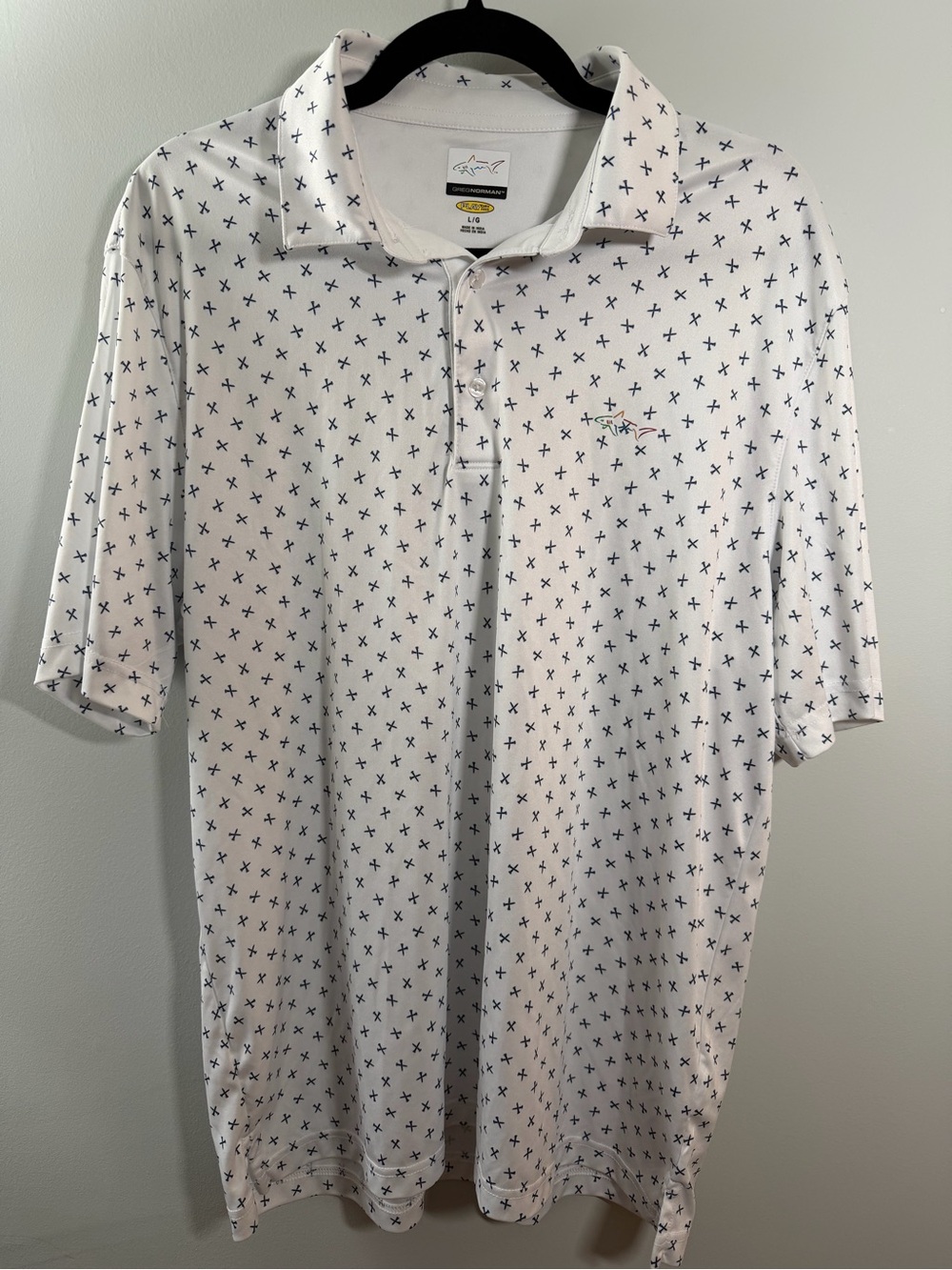 Greg Norman Collection White Polo with Navy Golf Tee Print
